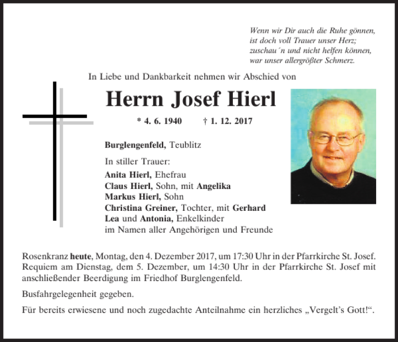  Traueranzeige für Josef Hierl vom 04.12.2017 aus Mittelbayerische Zeitung Schwandorf