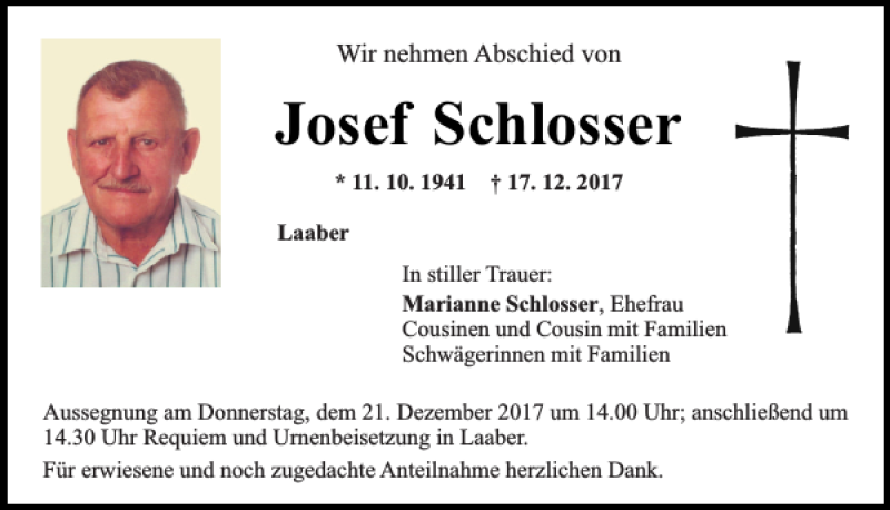  Traueranzeige für Josef Schlosser vom 19.12.2017 aus Mittelbayerische Zeitung Regensburg