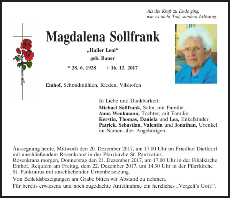  Traueranzeige für Magdalena Sollfrank vom 20.12.2017 aus Mittelbayerische Zeitung Schwandorf