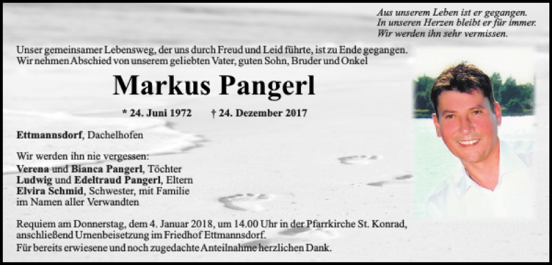  Traueranzeige für Markus Pangerl vom 30.12.2017 aus Mittelbayerische Zeitung Schwandorf