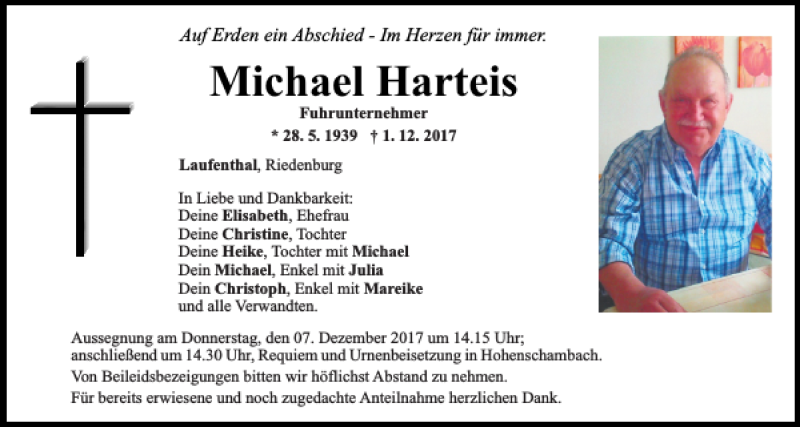  Traueranzeige für Michael Harteis vom 05.12.2017 aus Mittelbayerische Zeitung Regensburg