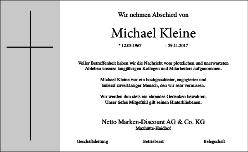  Traueranzeige für Michael Kleine vom 08.12.2017 aus Mittelbayerische Zeitung Schwandorf