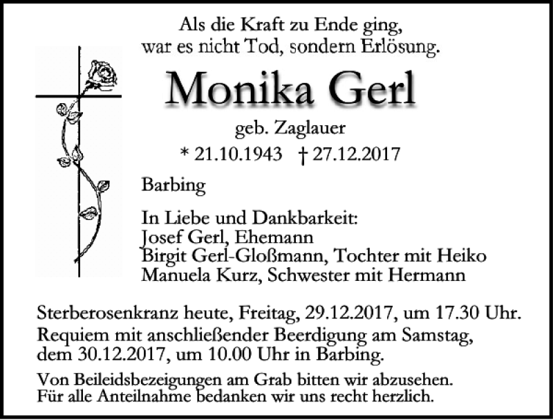  Traueranzeige für Monika Gerl vom 29.12.2017 aus Mittelbayerische Zeitung Regensburg