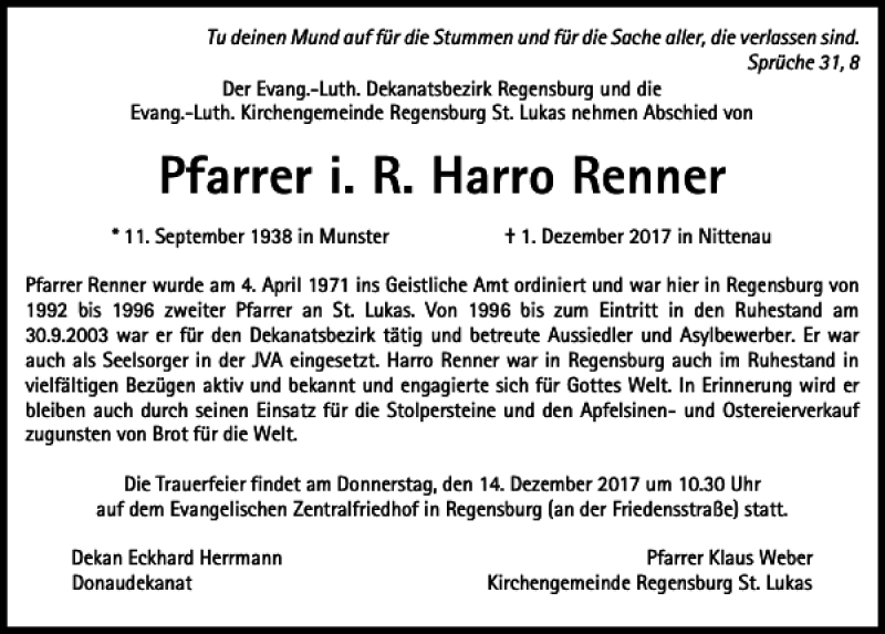  Traueranzeige für Pfarrer i. R. Harro Renner vom 12.12.2017 aus Mittelbayerische Zeitung Regensburg