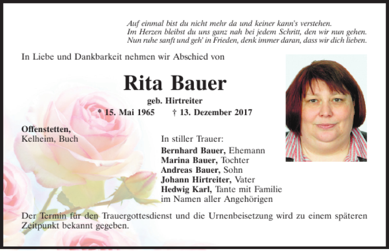  Traueranzeige für Rita Bauer vom 16.12.2017 aus Mittelbayerische Zeitung Kelheim