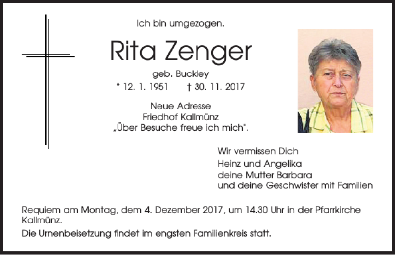  Traueranzeige für Rita Zenger vom 02.12.2017 aus Mittelbayerische Zeitung Schwandorf