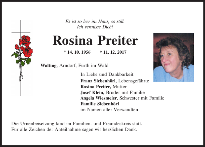  Traueranzeige für Rosina Preiter vom 19.12.2017 aus Bayerwald Echo