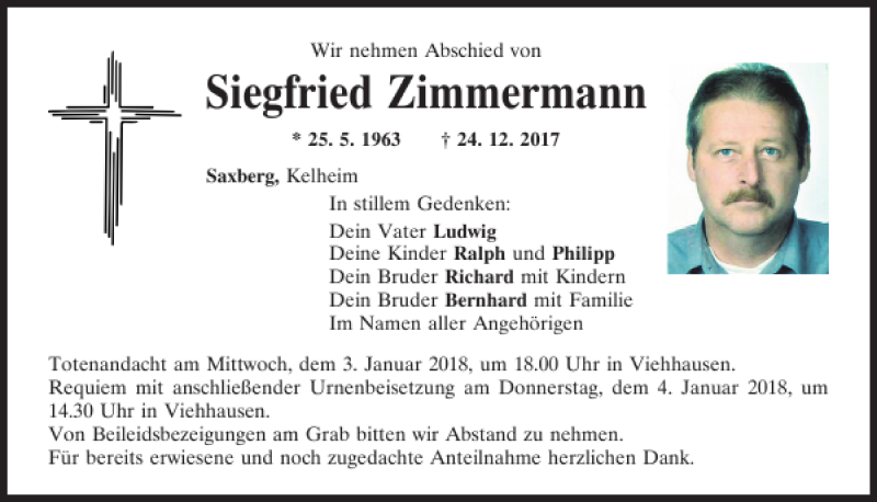  Traueranzeige für Siegfried Zimmermann vom 30.12.2017 aus Mittelbayerische Zeitung Regensburg