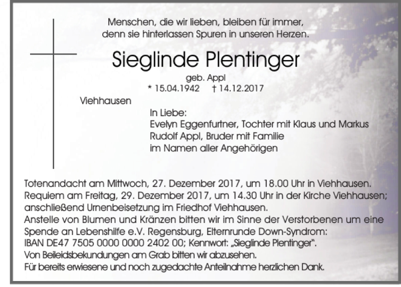  Traueranzeige für Sieglinde Plentinger vom 23.12.2017 aus Mittelbayerische Zeitung Regensburg