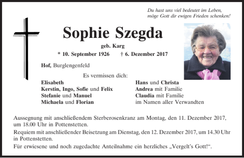  Traueranzeige für Sophie Szegda vom 09.12.2017 aus Mittelbayerische Zeitung Schwandorf