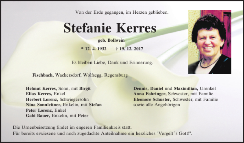  Traueranzeige für Stefanie Kerres vom 22.12.2017 aus Mittelbayerische Zeitung Schwandorf