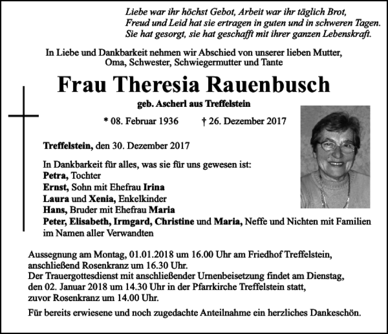  Traueranzeige für Theresia Rauenbusch Treffelstein vom 30.12.2017 aus Bayerwald Echo