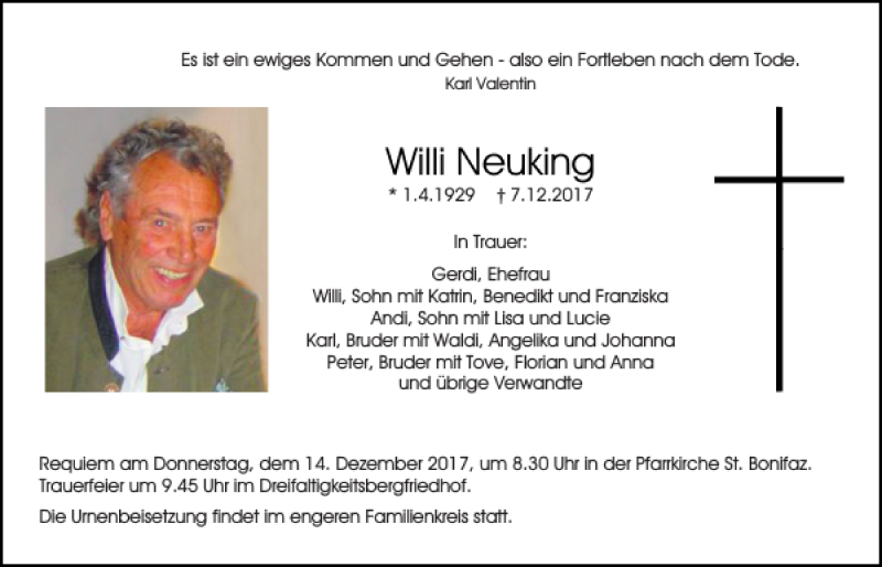  Traueranzeige für Willi Neuking vom 09.12.2017 aus Mittelbayerische Zeitung Regensburg