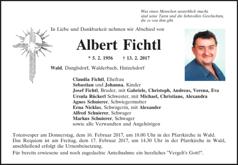  Traueranzeige für Albert Fichtl vom 14.02.2017 aus Mittelbayerische Zeitung Regensburg