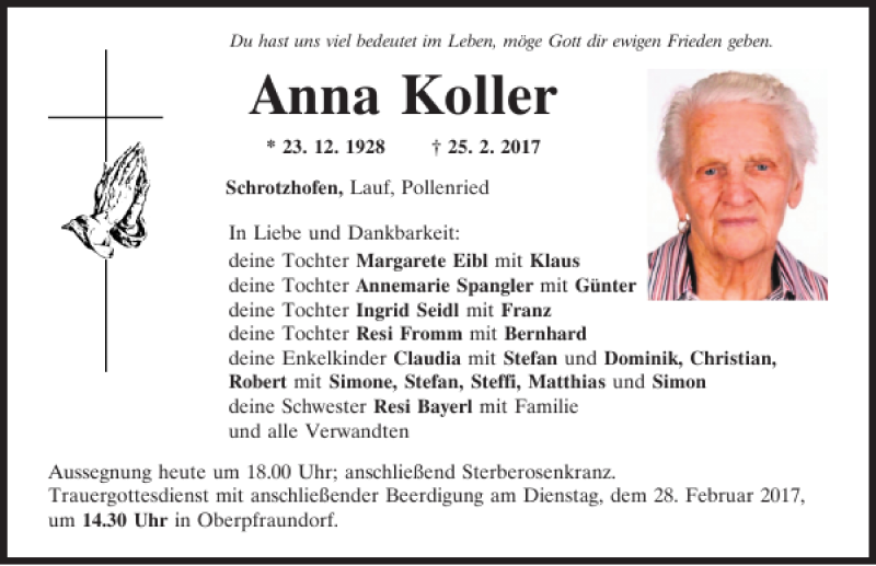  Traueranzeige für Anna Koller vom 27.02.2017 aus Mittelbayerische Zeitung Regensburg