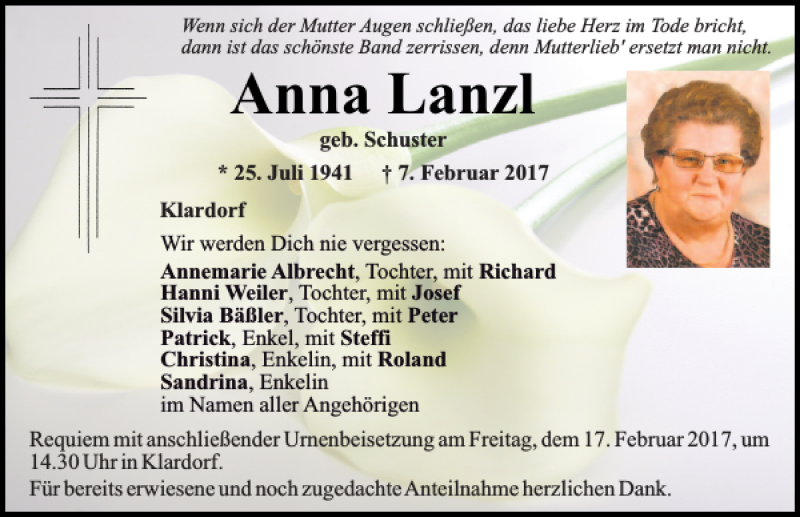  Traueranzeige für Anna Lanzl vom 14.02.2017 aus Mittelbayerische Zeitung Schwandorf