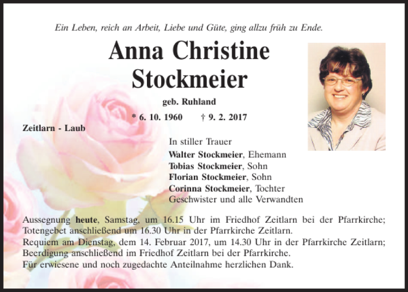  Traueranzeige für Anna Christine Stockmeier vom 11.02.2017 aus Mittelbayerische Zeitung Regensburg