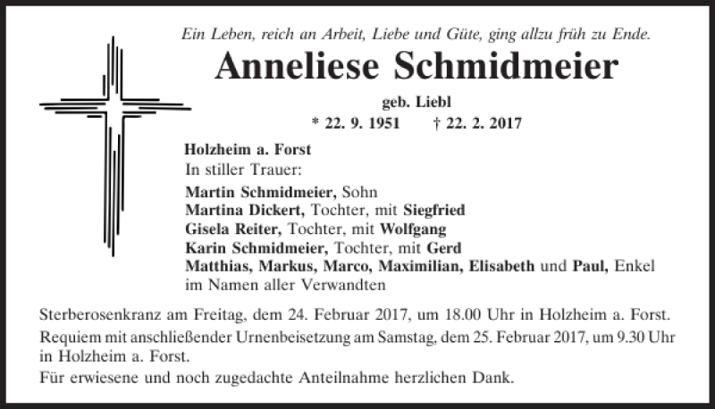  Traueranzeige für Anneliese Schmidmeier vom 23.02.2017 aus Mittelbayerische Zeitung Regensburg