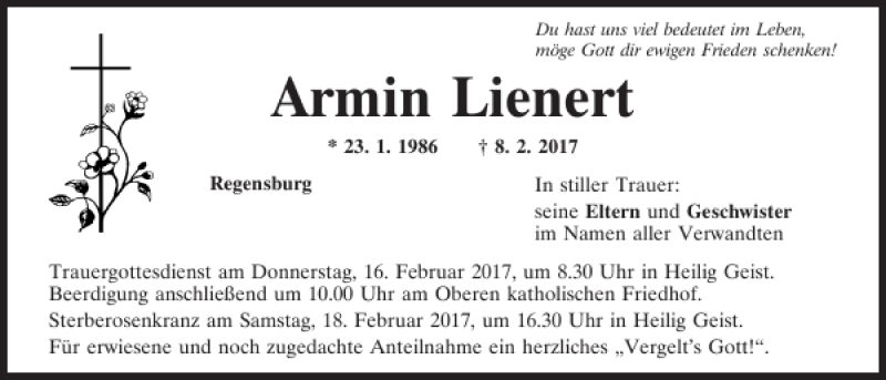  Traueranzeige für Armin Lienert vom 14.02.2017 aus Mittelbayerische Zeitung Regensburg