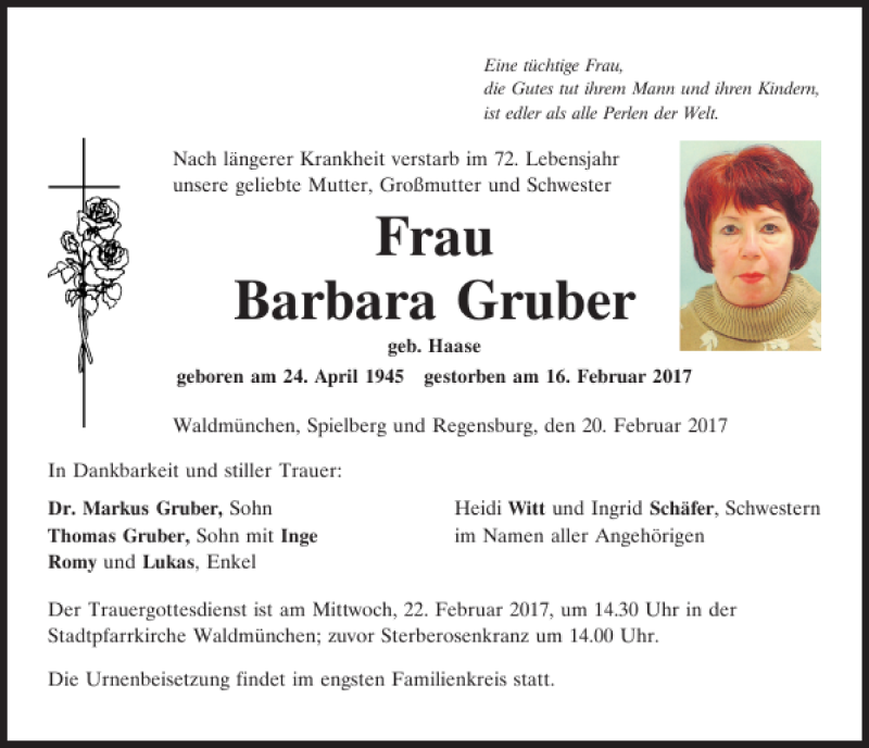 Traueranzeigen von Barbara Gruber | Mittelbayerische Trauer