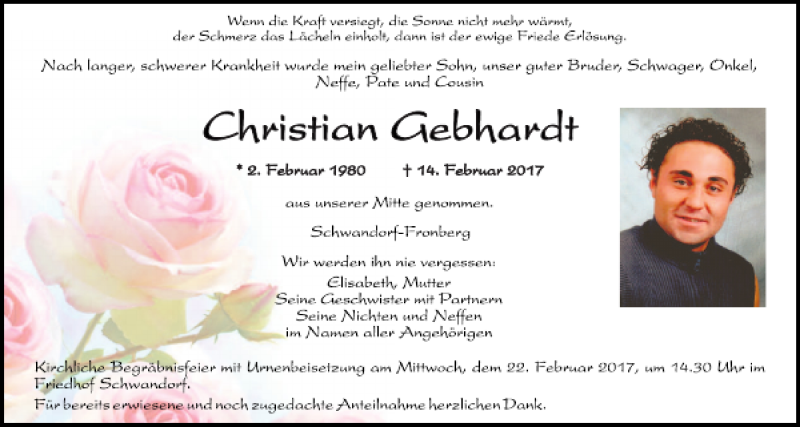  Traueranzeige für Christian Gebhardt vom 18.02.2017 aus Mittelbayerische Zeitung Schwandorf