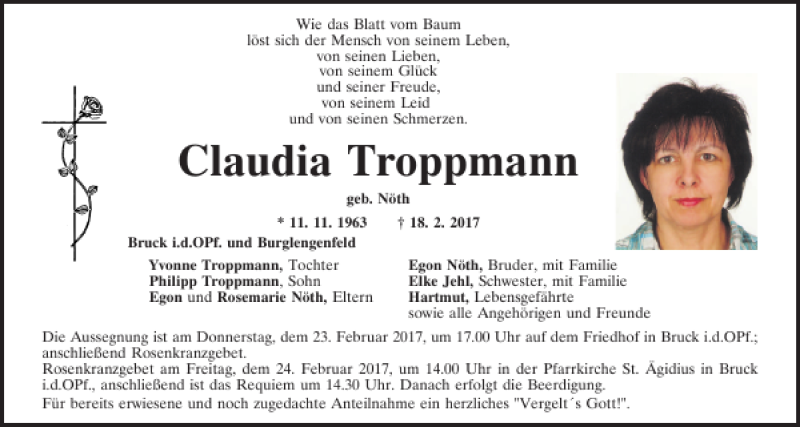  Traueranzeige für Claudia Troppmann vom 21.02.2017 aus Mittelbayerische Zeitung Schwandorf