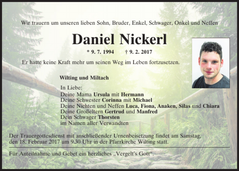  Traueranzeige für Daniel Nickerl vom 14.02.2017 aus Bayerwald Echo