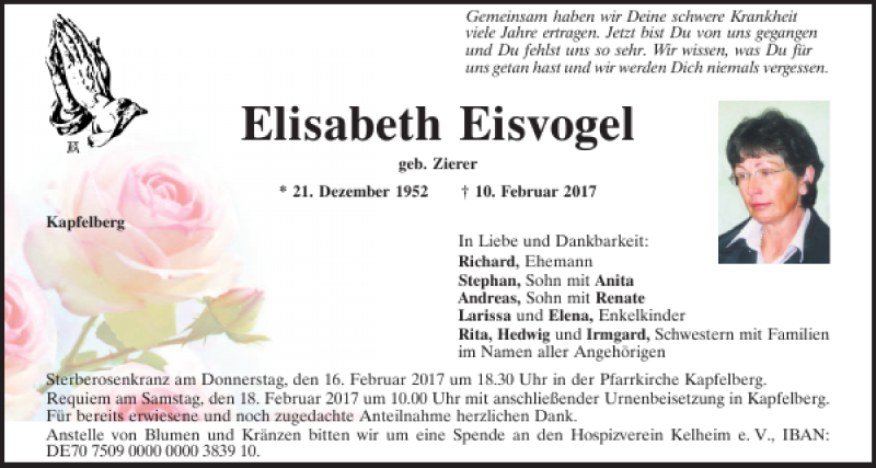  Traueranzeige für Elisabeth Eisvogel vom 15.02.2017 aus Mittelbayerische Zeitung Kelheim