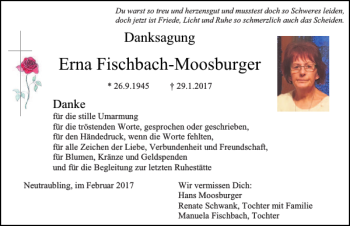 Traueranzeige von Erna Fischbach-Moosburger von Mittelbayerische Zeitung Regensburg