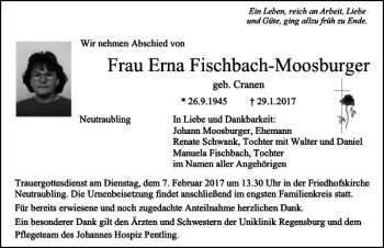 Traueranzeige von Erna Fischbach-Moosburger von Mittelbayerische Zeitung Regensburg