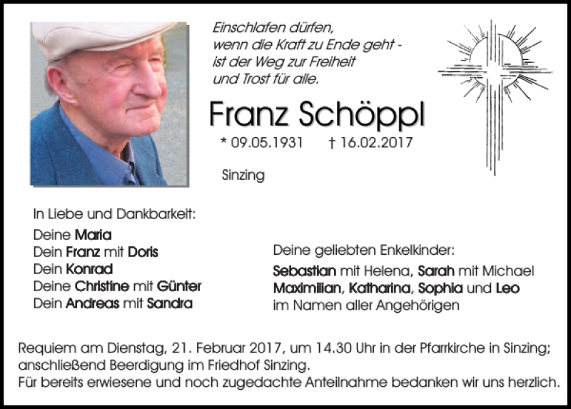  Traueranzeige für Franz Schöppl vom 18.02.2017 aus Mittelbayerische Zeitung Regensburg