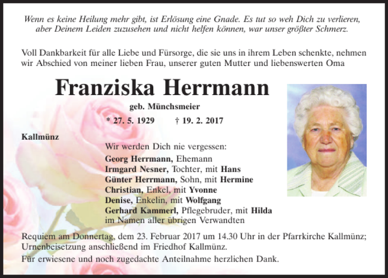  Traueranzeige für Franziska Herrmann vom 21.02.2017 aus Mittelbayerische Zeitung Regensburg