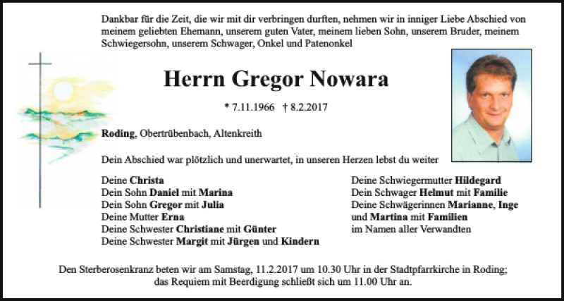  Traueranzeige für Gregor Nowara vom 09.02.2017 aus Bayerwald Echo