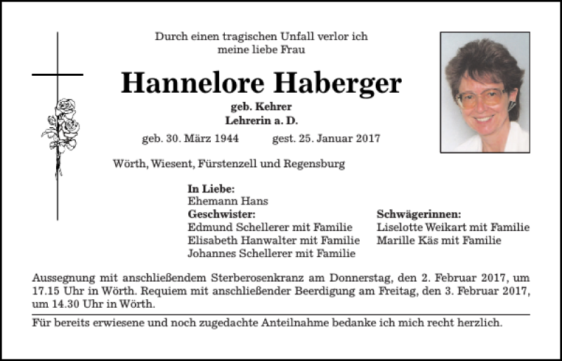  Traueranzeige für Hannelore Haberger vom 01.02.2017 aus Mittelbayerische Zeitung Regensburg