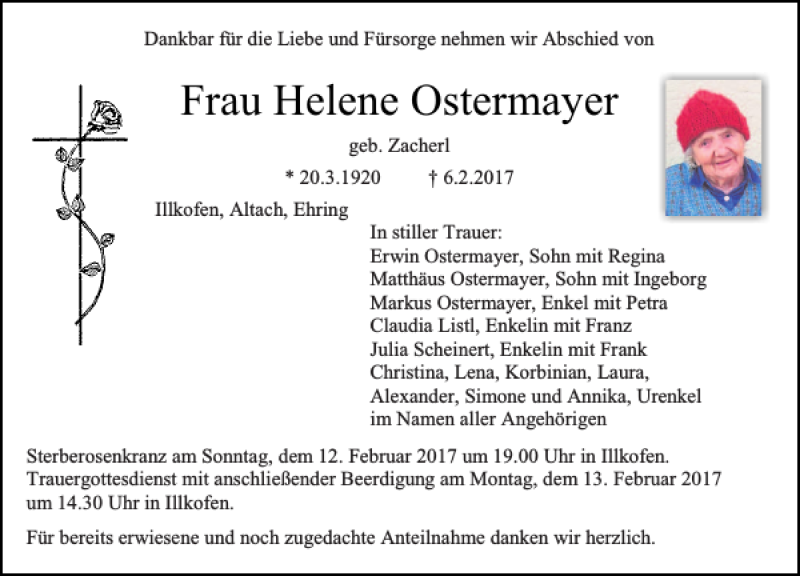  Traueranzeige für Helene Ostermayer vom 11.02.2017 aus Mittelbayerische Zeitung Regensburg