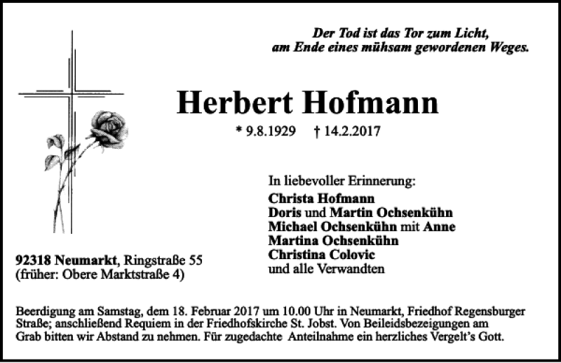  Traueranzeige für Herbert Hofmann vom 16.02.2017 aus Neumarkter Tagblatt