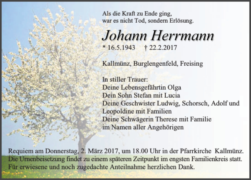  Traueranzeige für Johann Herrmann vom 25.02.2017 aus Mittelbayerische Zeitung Regensburg