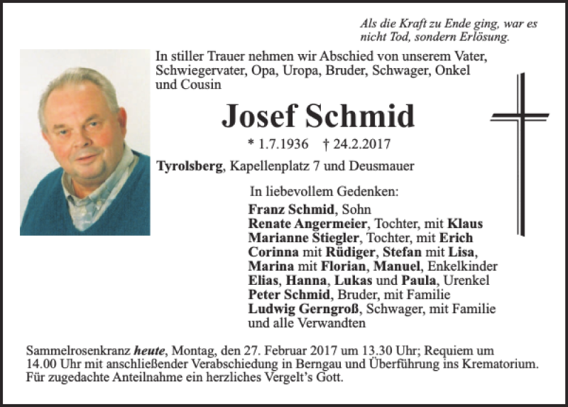 Traueranzeigen von Josef Schmid | Mittelbayerische Trauer