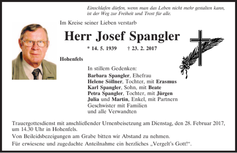  Traueranzeige für Josef Spangler vom 25.02.2017 aus Neumarkter Tagblatt