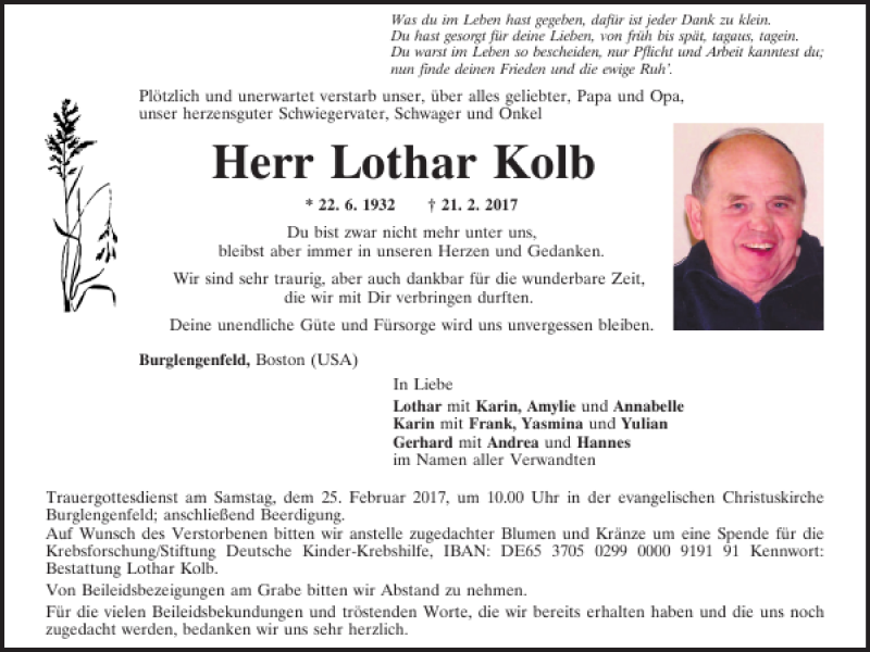  Traueranzeige für Lothar Kolb vom 23.02.2017 aus Mittelbayerische Zeitung Schwandorf