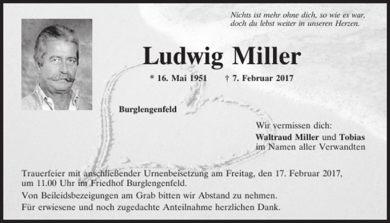  Traueranzeige für Ludwig Miller vom 15.02.2017 aus Mittelbayerische Zeitung Schwandorf