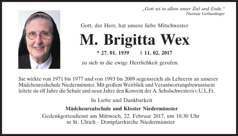  Traueranzeige für M. Brigitta Wex vom 20.02.2017 aus Mittelbayerische Zeitung Regensburg