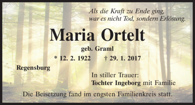  Traueranzeige für Maria Ortelt vom 08.02.2017 aus Mittelbayerische Zeitung Regensburg