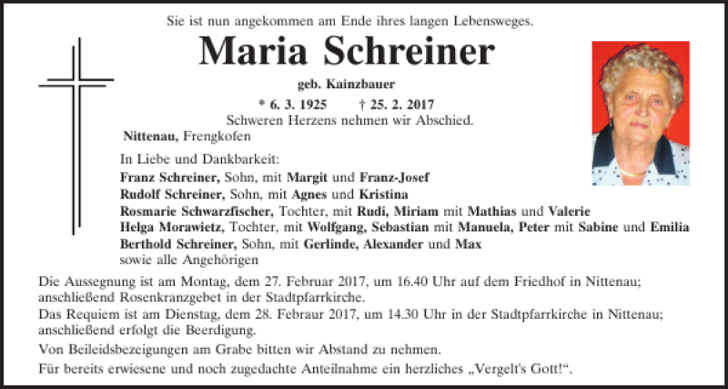  Traueranzeige für Maria Schreiner vom 27.02.2017 aus Mittelbayerische Zeitung Regensburg