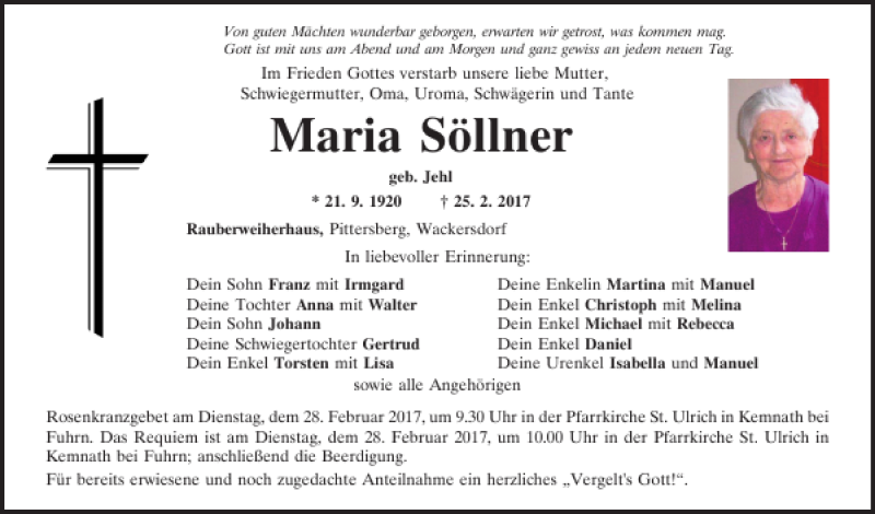  Traueranzeige für Maria Söllner vom 27.02.2017 aus Mittelbayerische Zeitung Schwandorf