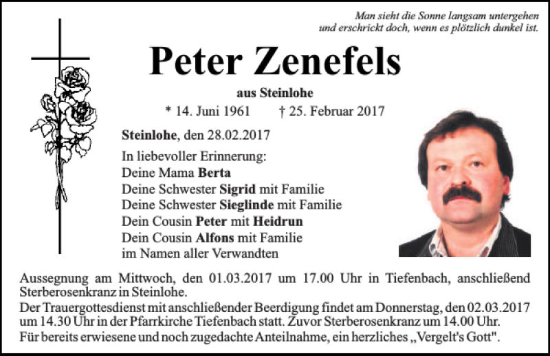  Traueranzeige für Peter Zenefels Steinlohe vom 28.02.2017 aus Bayerwald Echo