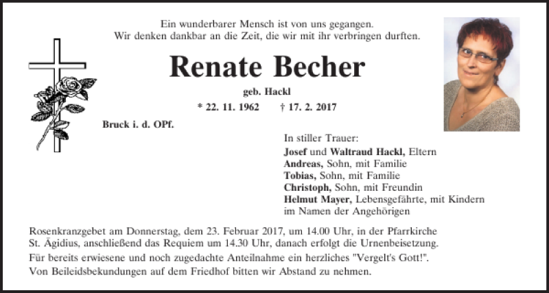  Traueranzeige für Renate Becher vom 21.02.2017 aus Mittelbayerische Zeitung Schwandorf