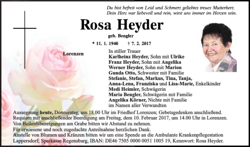  Traueranzeige für Rosa Heyder vom 09.02.2017 aus Mittelbayerische Zeitung Regensburg