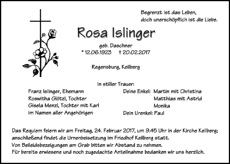 Traueranzeigen von Rosa Islinger | Mittelbayerische Trauer