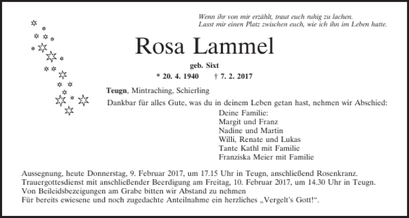  Traueranzeige für Rosa Lammel vom 09.02.2017 aus Mittelbayerische Zeitung Kelheim